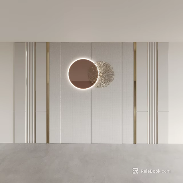 Elegant Modern Sofa Background Wall Design With Circular Mirror And Metal Accents 3d model 