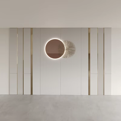Elegant Modern Sofa Background Wall Design With Circular Mirror And Metal Accents 3d model