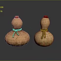 Two Decorative Gourd Shaped Furniture Pieces With Red Lids Rope Accents And Brown Beige Hues