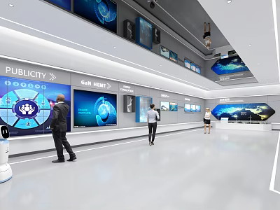 Modern Exhibition Hall With Interactive Digital Screens And Visitors Exploring Interior Design 3d model