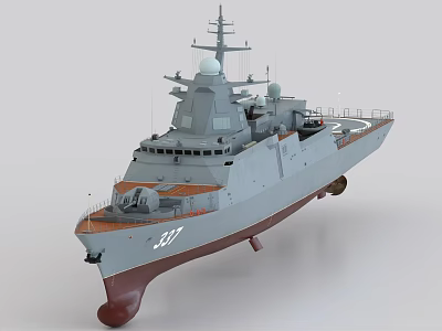 Detailed Warship Model With Gray Hull Brown Bottom Radar Antennas And Deck Number 317 3d model