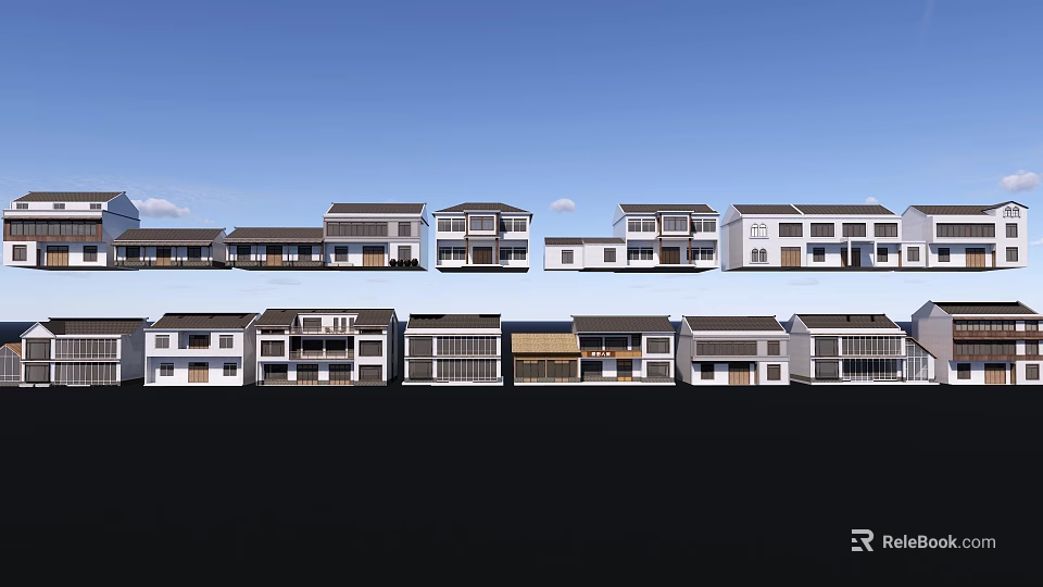 Traditional And Modern Homestay Buildings With Diverse Exterior Facades And Roof Designs 3d model 