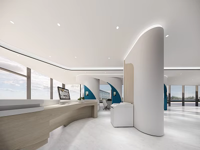 Modern Reception Area Interior Design With Curved Front Desk And Soft Lighting 3d model