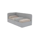 Modern Gray Single Bed with Curved Upholstered Headboard Beige Mattress Pillow and Gray Textured Blanket