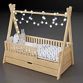 Cozy Wooden Baby Crib With Hanging String Lights And Storage Drawer