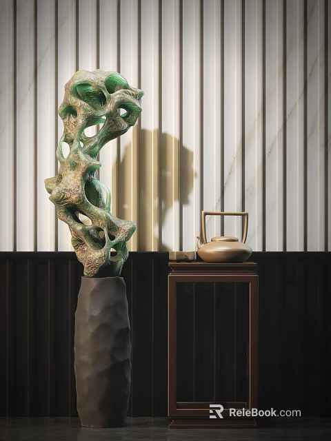 Decorative Ornaments Set with Green Stone Black Base Small Table Teapot Books and Striped Wall 3d model 