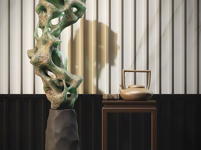 Decorative Ornaments Set with Green Stone Black Base Small Table Teapot Books and Striped Wall 3d model