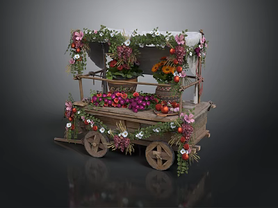 Vintage Flower Cart Decorated With Colorful Flowers Fruits And Green Vines On Wooden Wheels 3d model