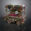 Vintage Flower Cart Decorated With Colorful Flowers Fruits And Green Vines On Wooden Wheels