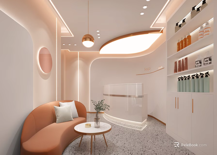 Modern Beauty Hair Salon With Curved Sofa Reception Desk Hair Products Shelves And Soft Lighting 3d model 
