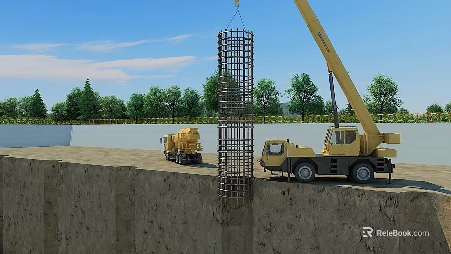 Construction Site With Crane Lifting Reinforcement Cage Over Excavated Pit And Concrete Mixer 3d model 