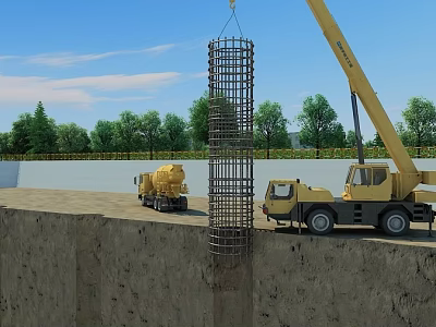 Construction Site With Crane Lifting Reinforcement Cage Over Excavated Pit And Concrete Mixer 3d model