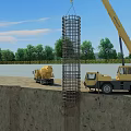 Construction Site With Crane Lifting Reinforcement Cage Over Excavated Pit And Concrete Mixer