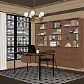 Cozy Study Room Interior With Wooden Bookshelves Laptop Desk Chair Blinds And Rug