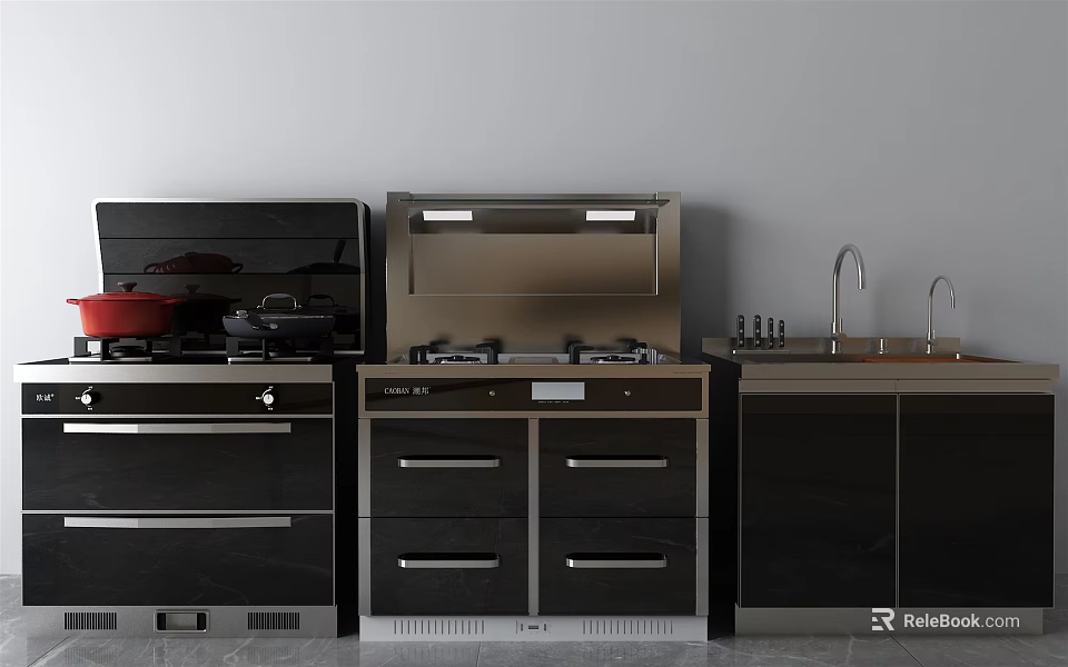 Modern Kitchen With Stainless Steel Appliances Gas Stove Range Hood And Sink 3d model 