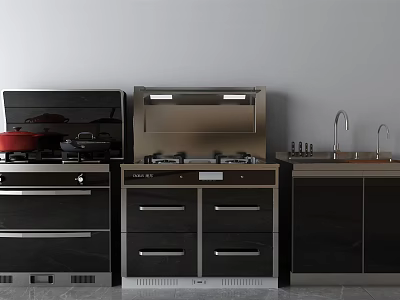 Modern Kitchen With Stainless Steel Appliances Gas Stove Range Hood And Sink 3d model