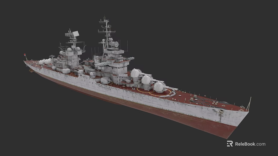 Large Gray Warship With Red Deck And Multiple Antenna Structures 3d model