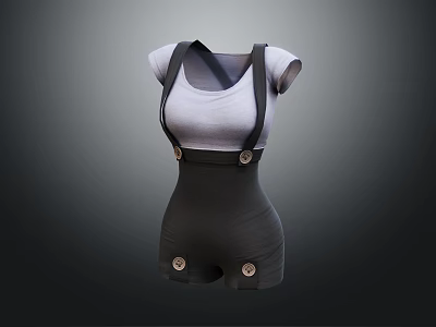 Stylish Fitted Women's White Top Featuring Black Suspenders And Decorative Buttons 3d model