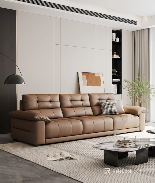Modern Leather Three Seater Sofa In Minimal Living Room With Floor Lamp And Green Plant 3d model 