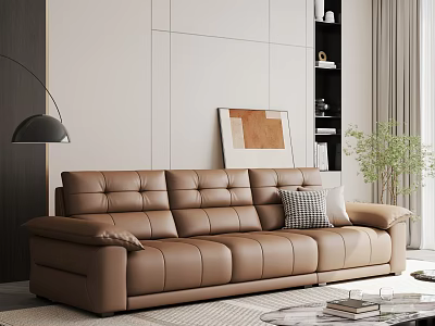 Modern Leather Three Seater Sofa In Minimal Living Room With Floor Lamp And Green Plant 3d model