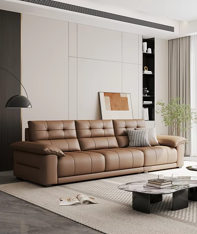 Modern Leather Three Seater Sofa In Minimal Living Room With Floor Lamp And Green Plant 3d model