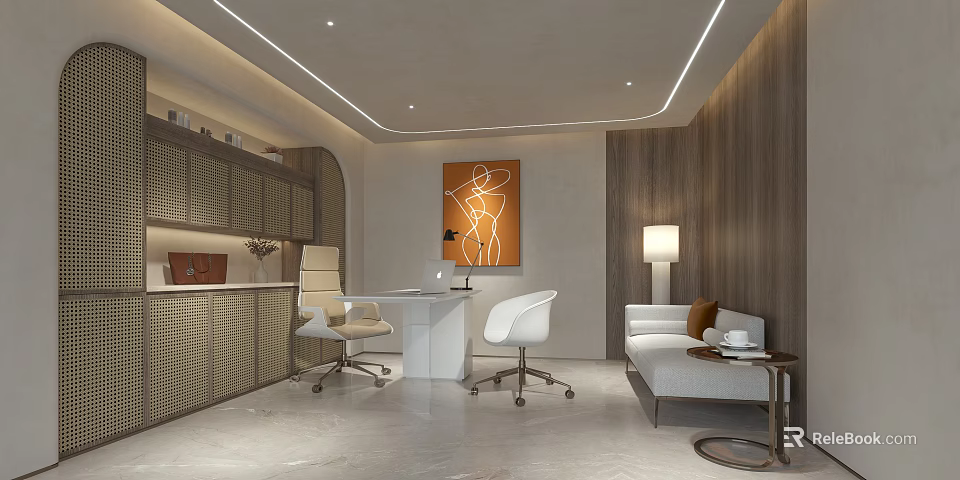 Modern Elegant Office Interior Design With White Desk Chairs Sofa And Orange Artwork 3d model 