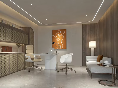 Modern Elegant Office Interior Design With White Desk Chairs Sofa And Orange Artwork 3d model