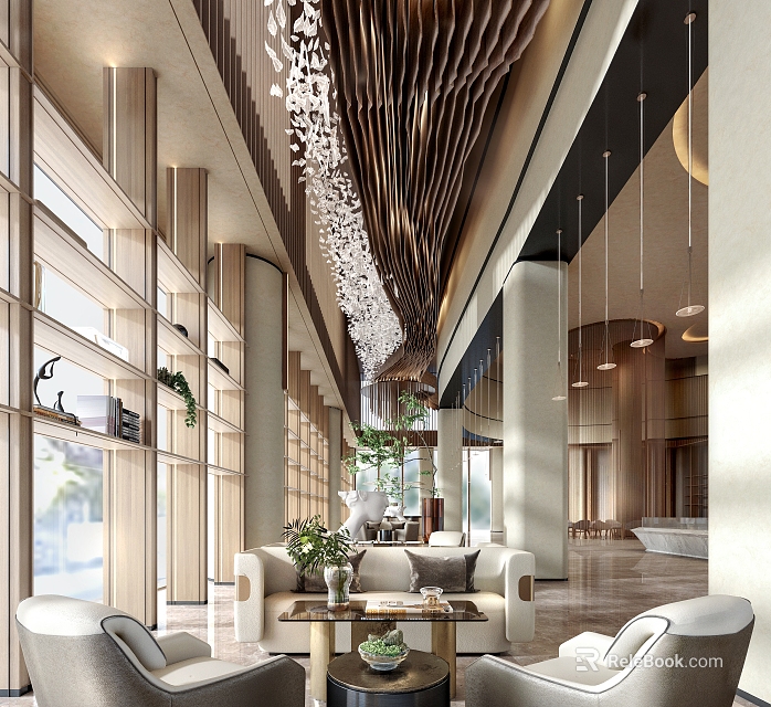 Modern Lounge Area Interior Design With Sofa Coffee Table Hanging Lights And Green Plants 3d model 