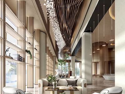 Modern Lounge Area Interior Design With Sofa Coffee Table Hanging Lights And Green Plants 3d model