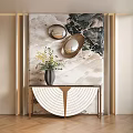 Elegant Console Table With Marble Backdrop Round Mirrors Vase And Warm Lighting