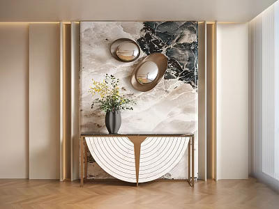 Elegant Console Table With Marble Backdrop Round Mirrors Vase And Warm Lighting 3d model