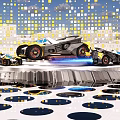 Futuristic Weapon Integrated Vehicles With Blue Jet Flames Yellow White Square Walls And Sky Background