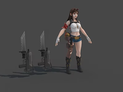 Female Game Movie Character With Brown Hair White Top Blue Shorts Armguard Boots And Weapons 3d model
