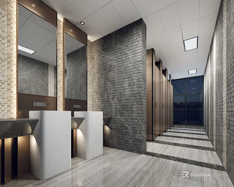 Hotel Bathroom Interior With Double Sinks Large Mirrors Gray Brick Walls And Wooden Stalls 3d model 