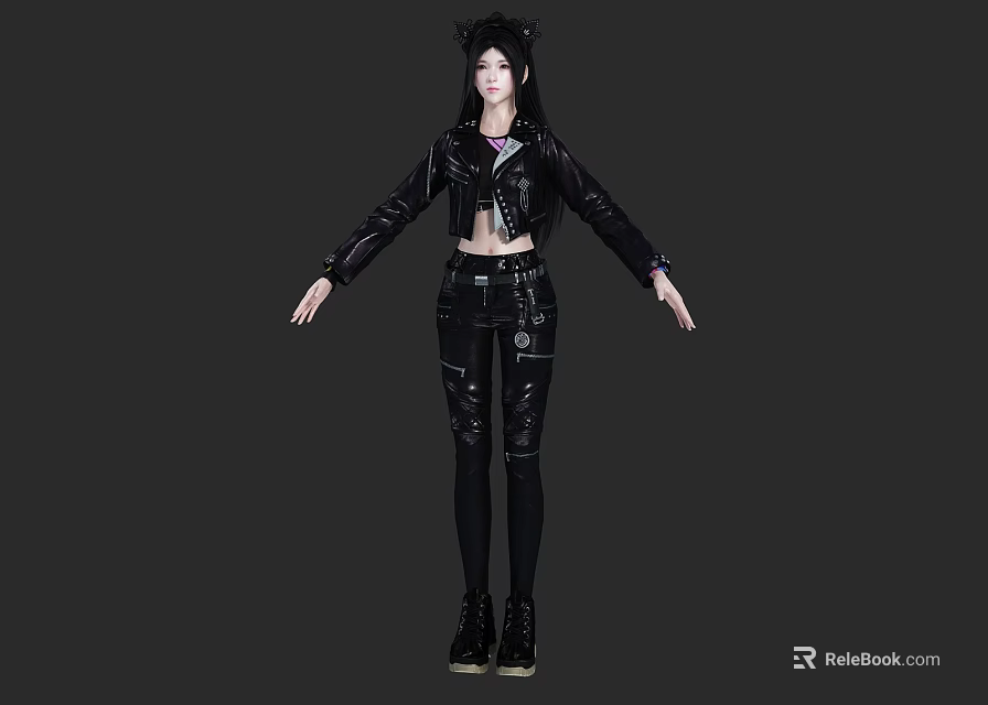 Woman Wearing Black Leather Jacket And Pants With Cat Ear Headpiece Standing 3d model 