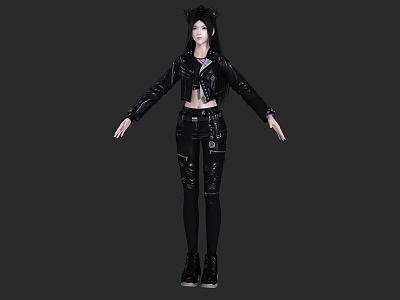 Woman Wearing Black Leather Jacket And Pants With Cat Ear Headpiece Standing 3d model
