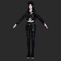 Woman Wearing Black Leather Jacket And Pants With Cat Ear Headpiece Standing