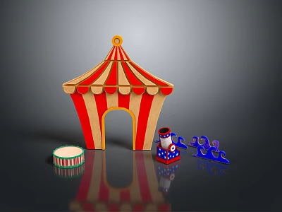 Red Yellow Striped Circus Tent With Drum Clown And Blue Object On Reflective Gray Ground 3d model