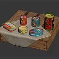 Assorted Canned Food Items Arranged on Wooden Tray with White Cloth