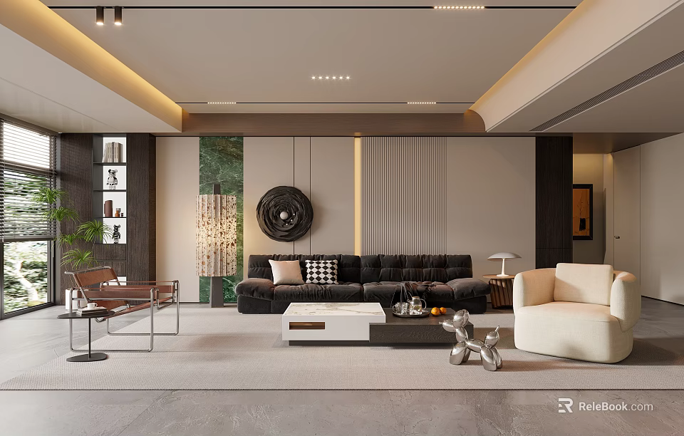 Modern Living Room Interior With Black Sofa Beige Armchair Circular Wall Decor And Floor Lamp 3d model 