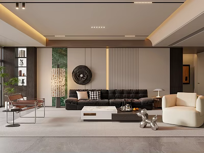 Modern Living Room Interior With Black Sofa Beige Armchair Circular Wall Decor And Floor Lamp 3d model