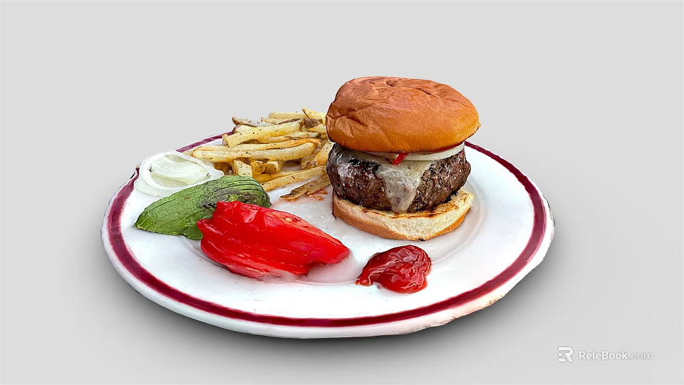 Delicious Juicy Burger With Crispy Fries Fresh Onion Rings Red Bell Pepper Slices And Ketchup 3d model 