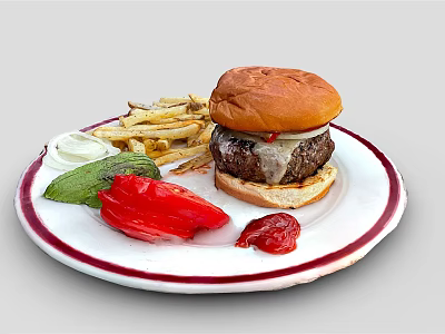 Delicious Juicy Burger With Crispy Fries Fresh Onion Rings Red Bell Pepper Slices And Ketchup 3d model
