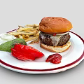 Delicious Juicy Burger With Crispy Fries Fresh Onion Rings Red Bell Pepper Slices And Ketchup