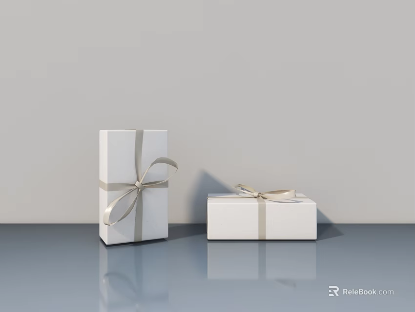 Sleek White Swing Door With Light Ribbon Gift Boxes On Smooth Gray Surface 3d model