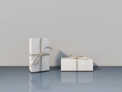 Sleek White Swing Door With Light Ribbon Gift Boxes On Smooth Gray Surface 3d model