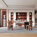 Modern Middle Style Study Bookcase Chandelier Desk and Chair Partition 3d model