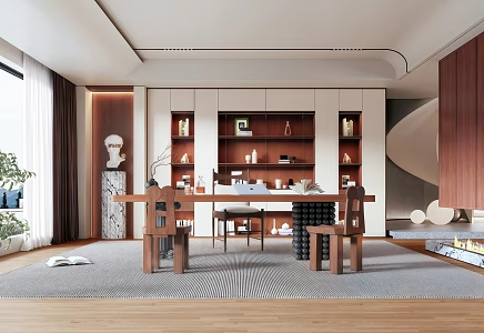 Modern Middle Style Study Bookcase Chandelier Desk and Chair Partition 3d model