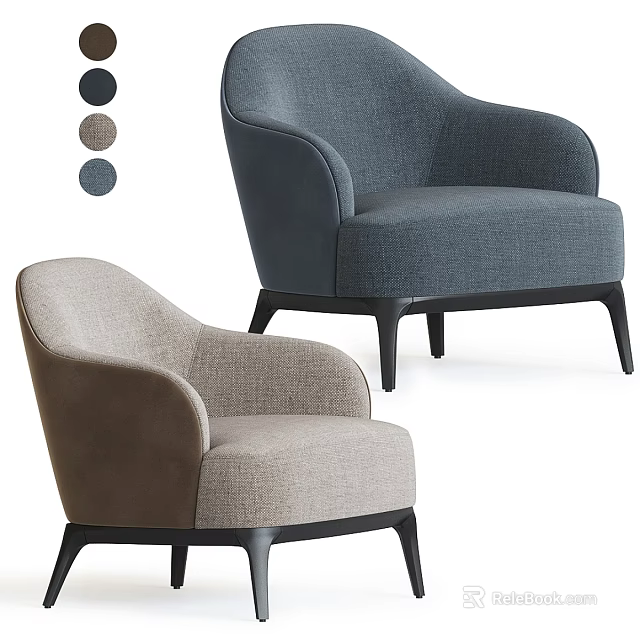 Modern Upholstered Lounge Chairs with Beige Navy Blue Fabric and Black Metal Legs 3d model 