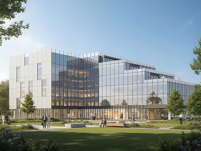 Modern Glass Office Building With Green Lawn Trees And People Around 3d model